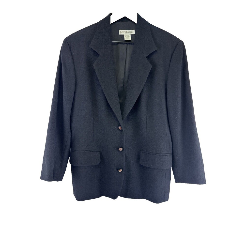 Vintage Banana Republic Wool Blazer Black Lined Embroidered Buttons Womens 12